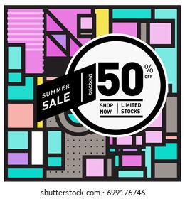 Abstract Geometric Summer poster and banner. Fashion and Travel discount and Promotion design with retro style. Vector illustration with special holiday offer.
