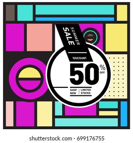 Abstract Geometric Summer poster and banner. Fashion and Travel discount and Promotion design with retro style. Vector illustration with special holiday offer.
