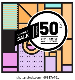 Abstract Geometric Summer poster and banner. Fashion and Travel discount and Promotion design with retro style. Vector illustration with special holiday offer.
