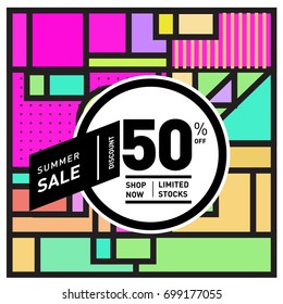 Abstract Geometric Summer poster and banner. Fashion and Travel discount and Promotion design with retro style. Vector illustration with special holiday offer.
