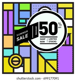 Abstract Geometric Summer poster and banner. Fashion and Travel discount and Promotion design with retro style. Vector illustration with special holiday offer.
