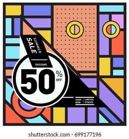 Abstract Geometric Summer poster and banner. Fashion and Travel discount and Promotion design with retro style. Vector illustration with special holiday offer.
