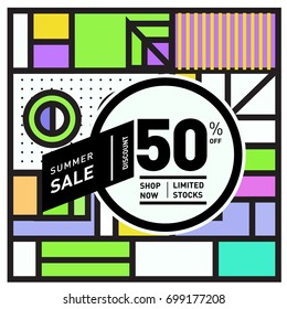 Abstract Geometric Summer poster and banner. Fashion and Travel discount and Promotion design with retro style. Vector illustration with special holiday offer.
