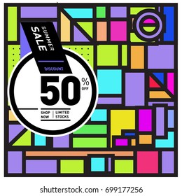 Abstract Geometric Summer poster and banner. Fashion and Travel discount and Promotion design with retro style. Vector illustration with special holiday offer.
