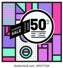 Abstract Geometric Summer poster and banner. Fashion and Travel discount and Promotion design with retro style. Vector illustration with special holiday offer.
