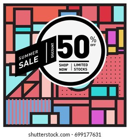 Abstract Geometric Summer poster and banner. Fashion and Travel discount and Promotion design with retro style. Vector illustration with special holiday offer.
