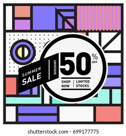Abstract Geometric Summer poster and banner. Fashion and Travel discount and Promotion design with retro style. Vector illustration with special holiday offer.
