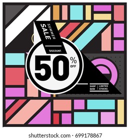Abstract Geometric Summer poster and banner. Fashion and Travel discount and Promotion design with retro style. Vector illustration with special holiday offer.