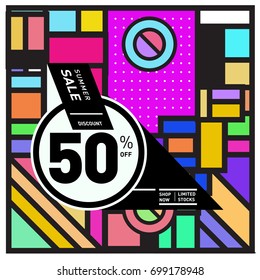 Abstract Geometric Summer poster and banner. Fashion and Travel discount and Promotion design with retro style. Vector illustration with special holiday offer.