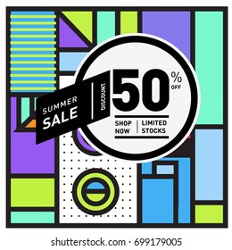 Abstract Geometric Summer poster and banner. Fashion and Travel discount and Promotion design with retro style. Vector illustration with special holiday offer.