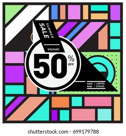 Abstract Geometric Summer poster and banner. Fashion and Travel discount and Promotion design with retro style. Vector illustration with special holiday offer.