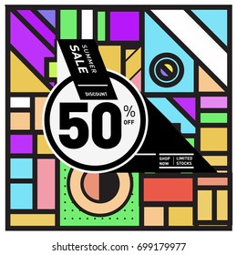 Abstract Geometric Summer poster and banner. Fashion and Travel discount and Promotion design with retro style. Vector illustration with special holiday offer.