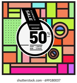 Abstract Geometric Summer poster and banner. Fashion and Travel discount and Promotion design with retro style. Vector illustration with special holiday offer.