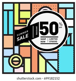 Abstract Geometric Summer poster and banner. Fashion and Travel discount and Promotion design with retro style. Vector illustration with special holiday offer.