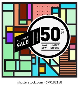 Abstract Geometric Summer poster and banner. Fashion and Travel discount and Promotion design with retro style. Vector illustration with special holiday offer.
