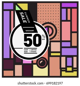 Abstract Geometric Summer poster and banner. Fashion and Travel discount and Promotion design with retro style. Vector illustration with special holiday offer.