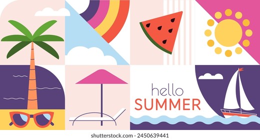 Abstract geometric summer travel banner background. Summertime vacation concept design. Colored flat vector illustration