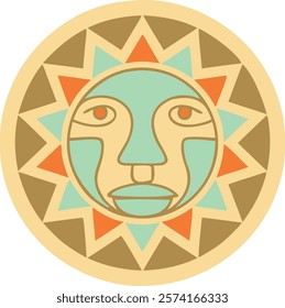 Abstract geometric sun design with a human face, combining ethnic and decorative elements in warm and pastel tones.