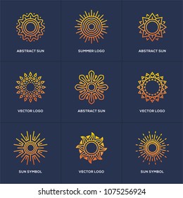 Abstract geometric sun icon set isolated on blue background. Summer vacations, holidays or resort symbol. Travel agency logo in a shape of circle.