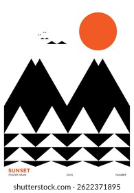 Abstractas puesta de sol geométrica y diseño de montaña. Diseño moderno de la Bauhaus, cartel de diseño de concepto de Plantilla. Ilustración vectorial