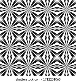 Abstract geometric swirl hypnotize seamless pattern with black ormament on white background. Template design for web page, textures, card, poster, fabric, textile. 
