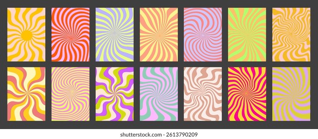 Abstract Geometric Swirl Posters Set. Cool Groovy Sun Rays Placards Vector Design. Y2k Trippy Wavy Textures Collection. Playful Funny Covers.