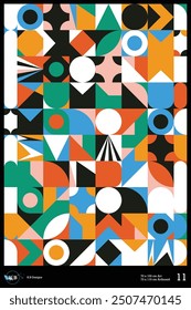 Abstract geometric Swiss design poster with vibrant colors, bold patterns, and diverse shapes. Modern wall art, graphic design, high-quality prints, contemporary decor, abstract patterns, colorful.