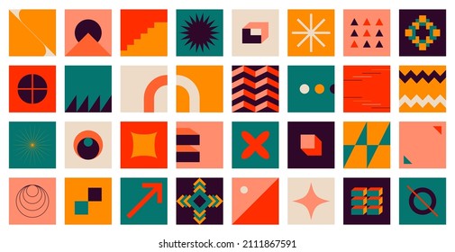 Abstract geometric swiss forms. Modern bauhaus blocks, set of bold figures, simple geo primitive shapes. Vector graphic