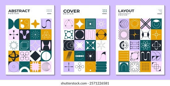 Abstract geometric swiss posters with y2k brutal shapes and patterns shows modern aesthetics and retro futuristic art. Vector covers or layout templates with surreal figures in colorful square blocks