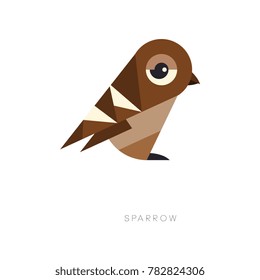 Abstract geometric symbol of brown sparrow. Silhouette of small passerine bird. Flat vector element for logo, print, environmental banner or flyer