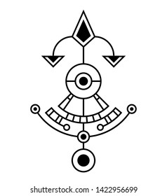 Abstract geometric symbol, isolated on white background. Sacred geometry sign. Concept of imagination, magic, religion, creativity. Linear logo and spiritual design. Vector monochrome illustration.