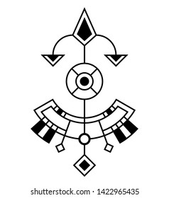 Abstract geometric symbol, isolated on white background. Sacred geometry sign. Concept of imagination, magic, religion, creativity. Linear logo and spiritual design. Vector monochrome illustration.