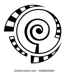 Abstract geometric symbol, isolated on white background. Spiral, round  shape. Spiral element with dashed, segmented lines. Linear logo and spiritual design. Vector monochrome illustration.