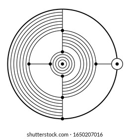 Abstraktes geometrisches Symbol einzeln auf weißem Hintergrund. Schwarze lineare Formen mit Punkten in den Gelenken. Lineares Logo. Heiliges Geometriezeichen. Elegante, einfache Tätowierungskunst. Vektorillustration-Elemente.