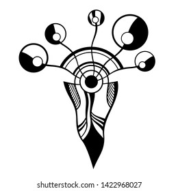 Abstract geometric symbol, logo isolated on white background. Concept of imagination, magic, philosophy, creativity. Geometric shapes. Tattoo design. Vector monochrome surreal illustration.