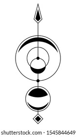 Abstract geometric symbol. Sacred geometry sign with geometric shapes. Isolated on white background. Black linear shapes. Linear logo, spiritual design. Elegant, simple tattoo art. Vector elements.