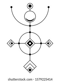 Abstract geometric symbol. Sacred geometry sign with geometric shapes. Isolated on white background. Black linear shapes. Linear logo, spiritual design. Elegant, simple tattoo art. Vector elements.