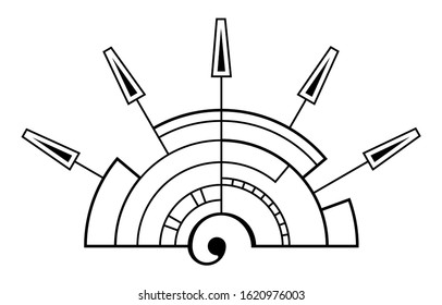 Abstract geometric symbol, solated on white background, stylized sunrise. Black linear shapes. Linear logo. Sacred geometry sign. Spiral element. Elegant tattoo art. Vector elements.