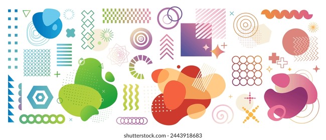 Abstract geometric symbols mega set in flat graphic design. Collection elements of Memphis geometry shapes, bright dynamic circles, blobs, dot grids, liquid wave blobs, others. Vector illustration.