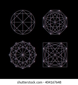 Abstract Geometric Symbols on Black Background. Symmetrical Abstract Compositions of White Dotted Lines. Modern Graphic Design for Decorations, Cards, Posters and T-shirt Prints.