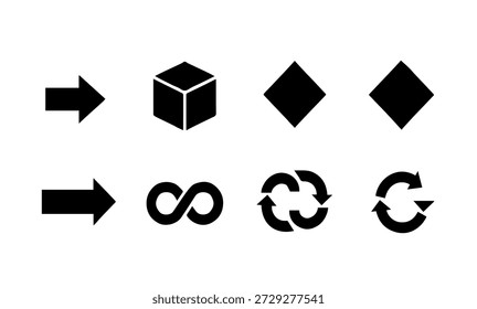Abstract geometric symbols set featuring navigation arrows 3D cube infinity loop and circular flow process silhouette vector illustration