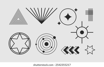 Abstract Geometric Symbols and Shapes Vector Set Including Pentagram, Hexagon, and Zigzag Elements for Graphic Design and Decoration