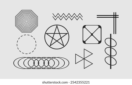 Abstract Geometric Symbols and Shapes Vector Set Including Pentagram, Hexagon, and Zigzag Elements for Graphic Design and Decoration