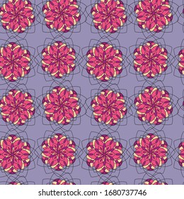 Abstract geometric symmetrical ornament pattern. Stained-glass window in a circle, pink color.