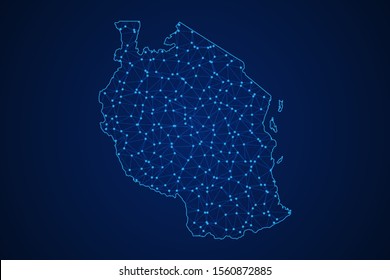 Abstract geometric of Tanzania map polygonal line, structure and point scales on blue dark background with lights and dots. Vector illustration eps 10.
