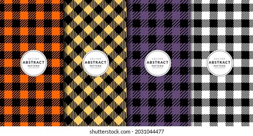 Abstract geometric tartan check pattern collection. Buffalo check plaid gingham orange, yellow, purple, white. Endless texture with for decorative paper, fabric. Halloween digital paper.