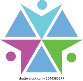 Abstract geometric teamwork design with colorful shapes and vibrant hues.