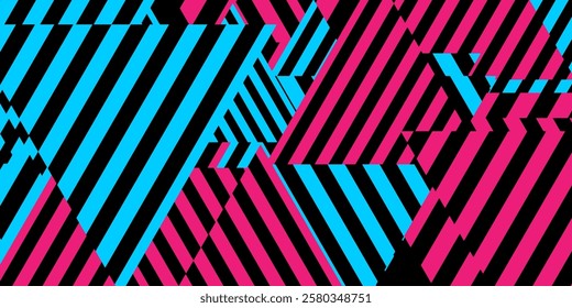 Abstract geometric tech contrast background with blue and pink striped triangles. Vector graphic design