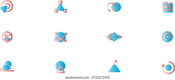 Abstract geometric tech icon set. Target, triangle, rotation frame, cube cross, rhombus, circle, person, sphere, line and ring symbols. Coding projects, startup dashboards and UI development design.