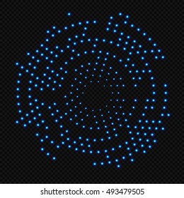 Abstract geometric technology circle of glowing particles on transparent background.  Light neon dots and Network connection. Neon circles consist of lights.Vector digital HUD illustration background 